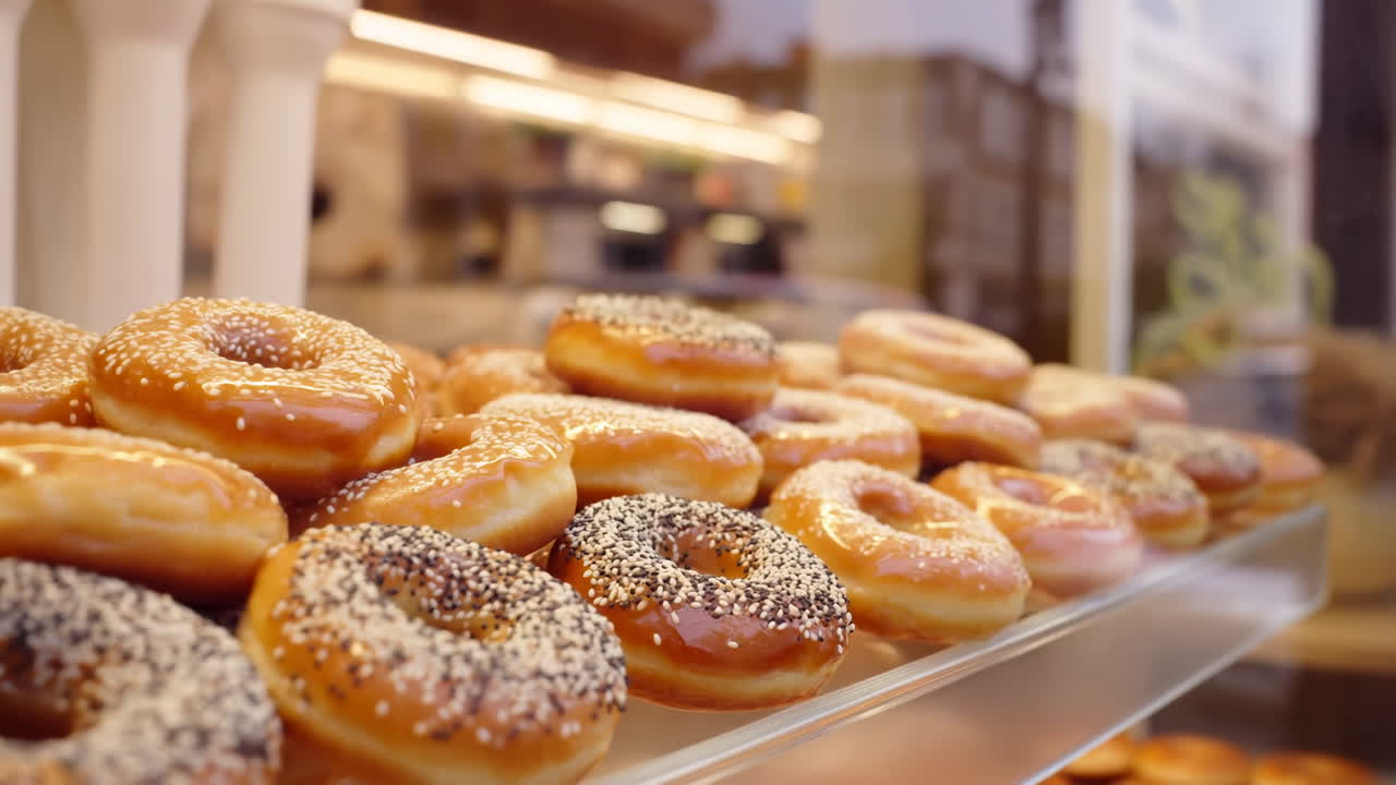 Glazed Donuts In Bakery Display Case, Warm Morning Light, Sprinkletopped Rings Stacked On Glass Shelf, Golden
