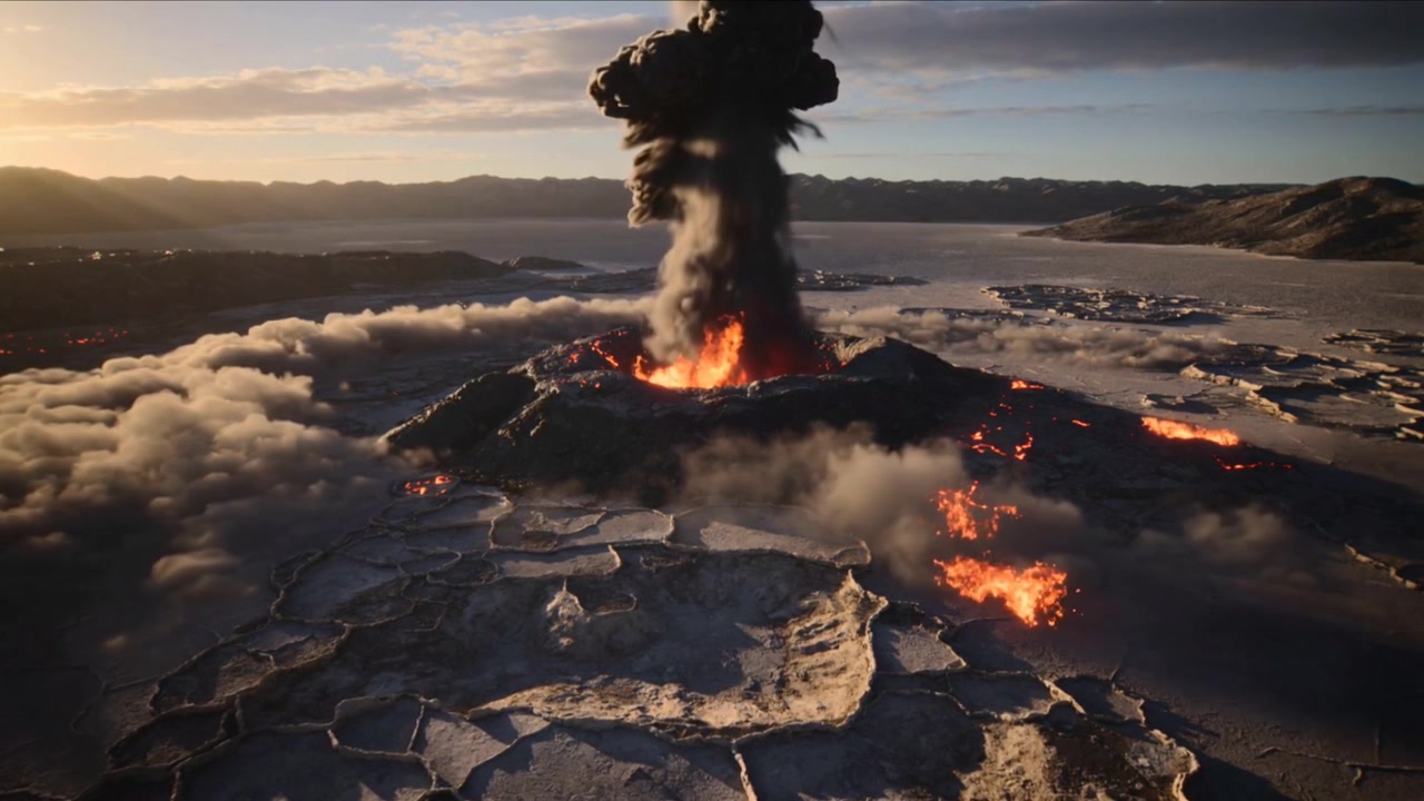 Un'ondata di magma inizia sotto il cratere vulcanico, eruttando una colonna di cenere e sputando lava attraverso la salina.
