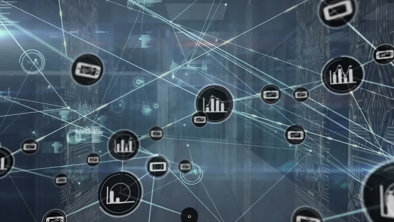Animation of connected icons, graphs, soundwaves and circuit board pattern over server room