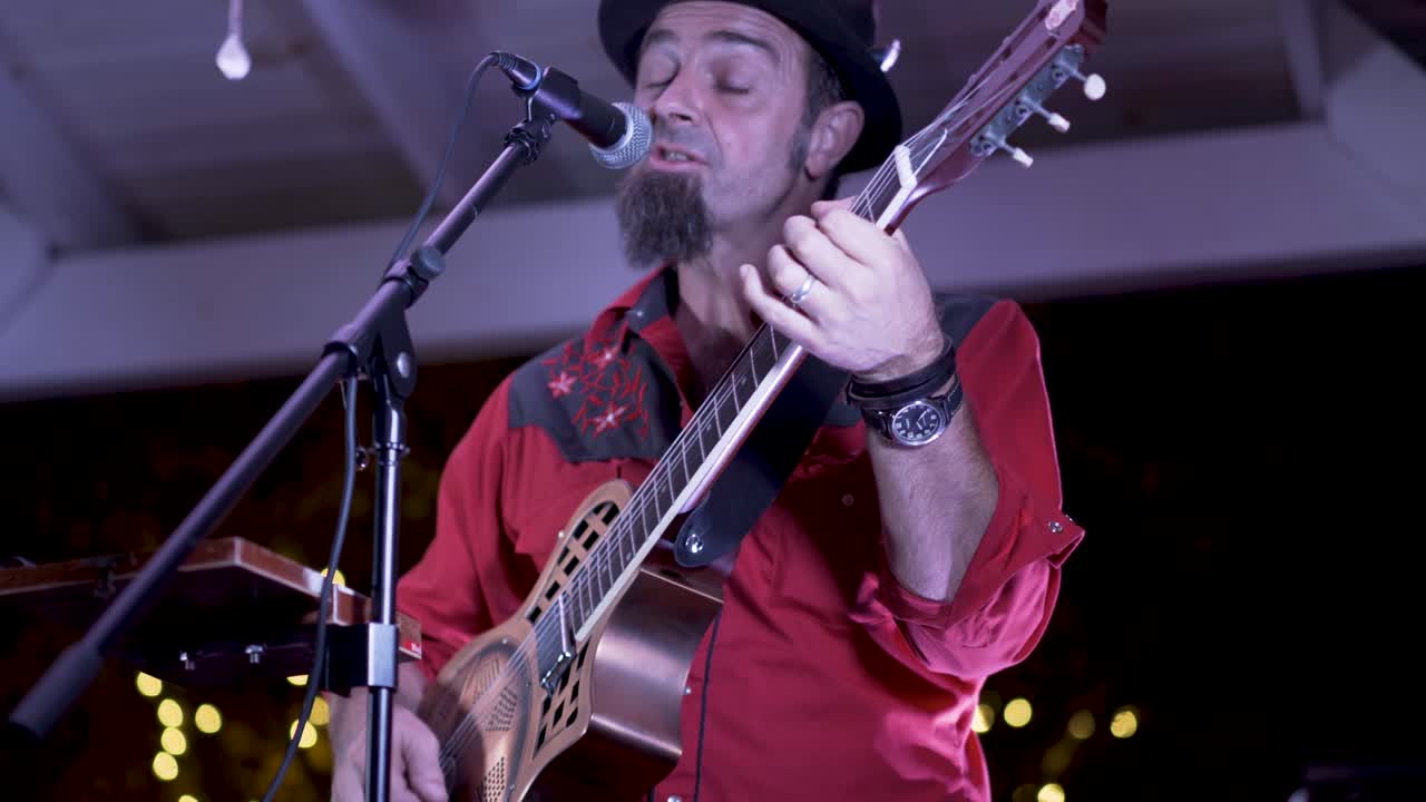 Musician Performing Live with Guitar and Microphone