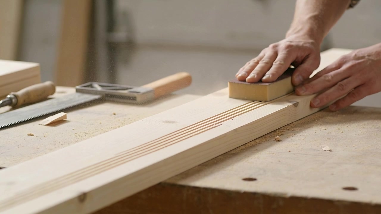 Placing sanding block, hands in flannel sleeves sanding grooved plank at bench, smoothing grooves
