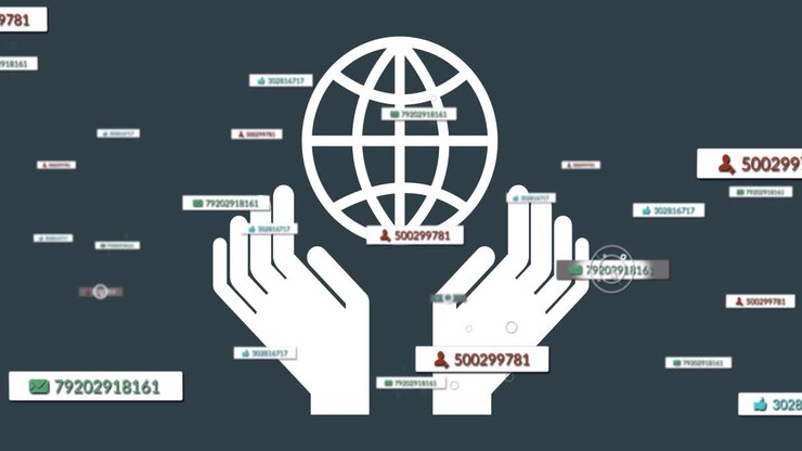 Animation of hands, globe and social media reactions over grey background