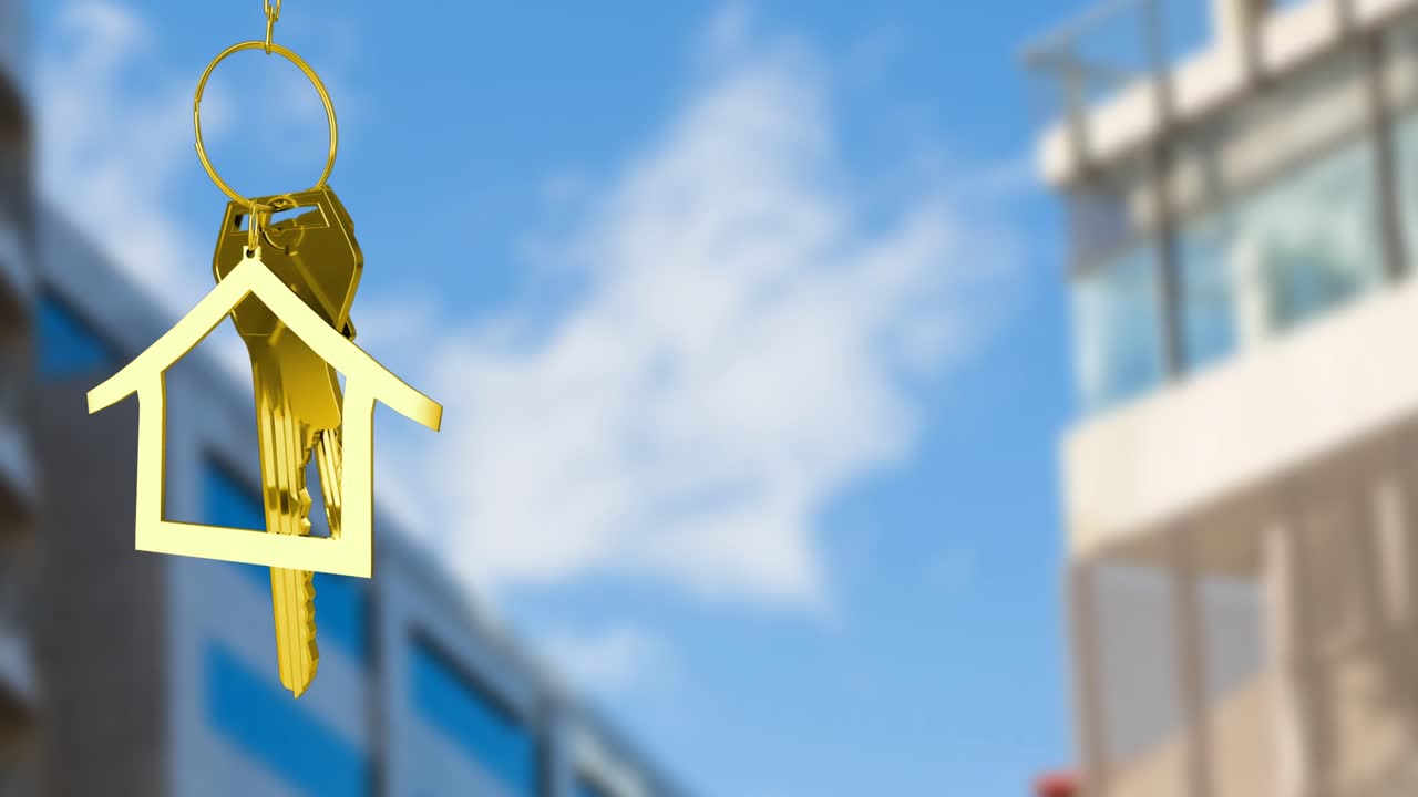 animación de las llaves de la casa dorada contra la vista borrosa de los edificios altos