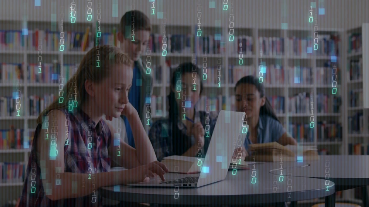 Blonde girl opening and typing on laptop for study while classmates watching green code overlaying