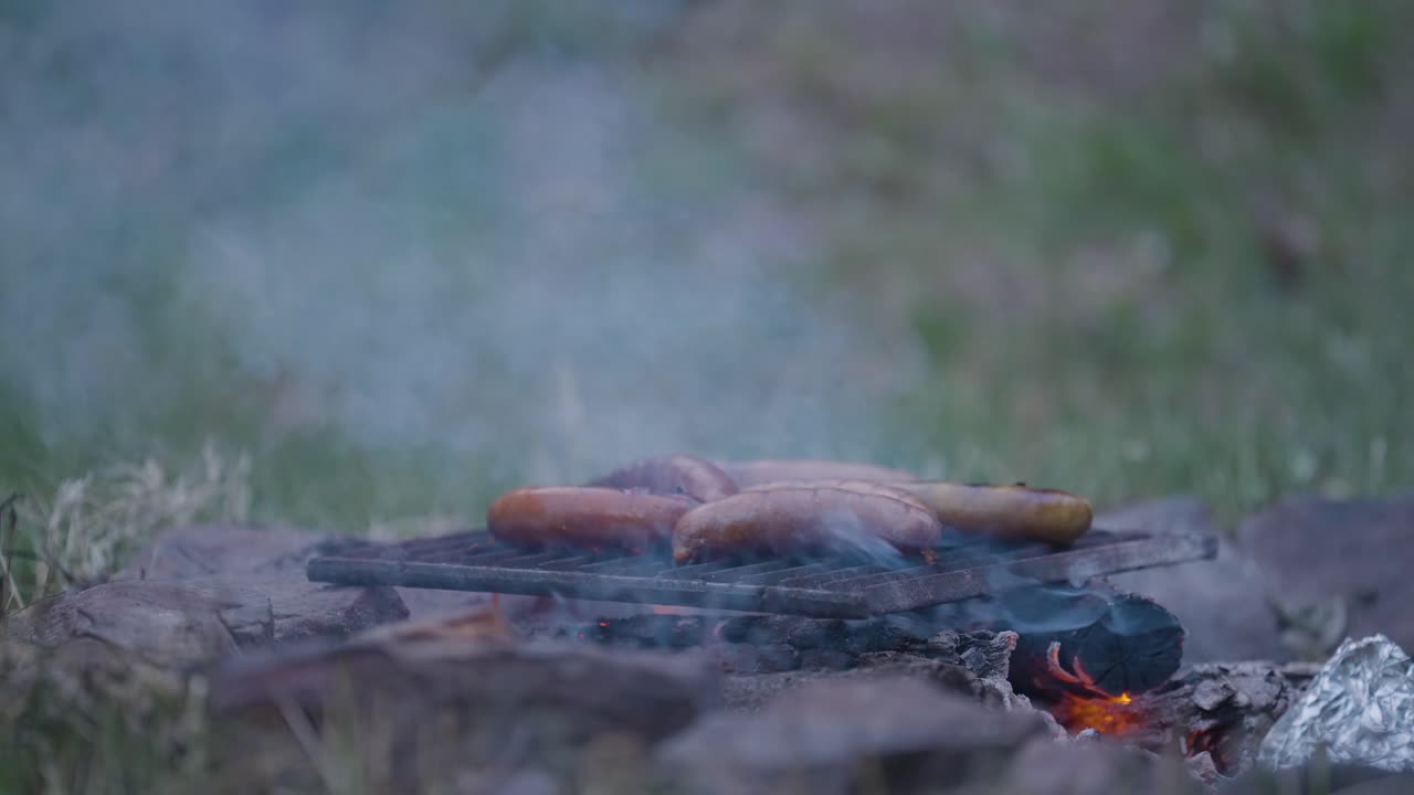 barbecue bbq outdoor camping experience cooking sausages and grilling fresh meat , preparing a meal