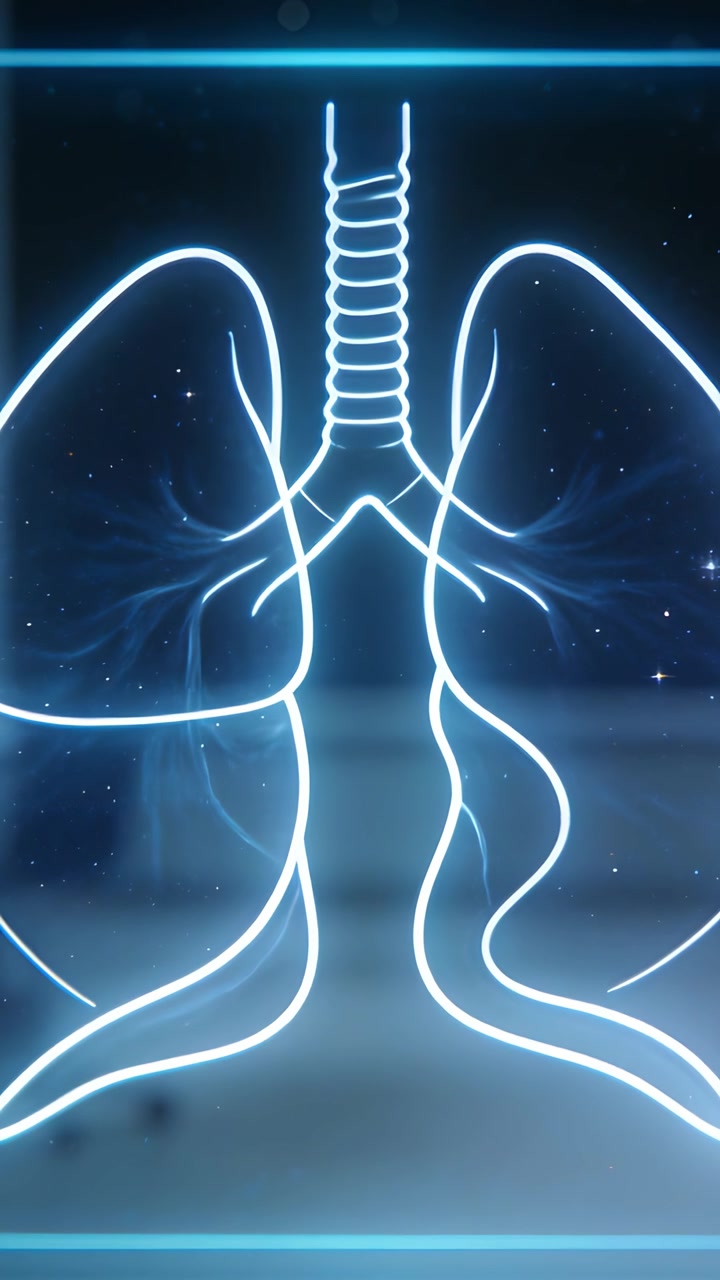 Video verticale: Polmoni al neon pulsanti con trachea segmentata che respirano sullo schermo dopo l'innalzamento della barra superiore