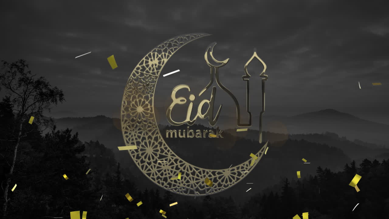 Animazione del testo Eid Mubarak con luna crescente e moschea su sfondo di coriandoli