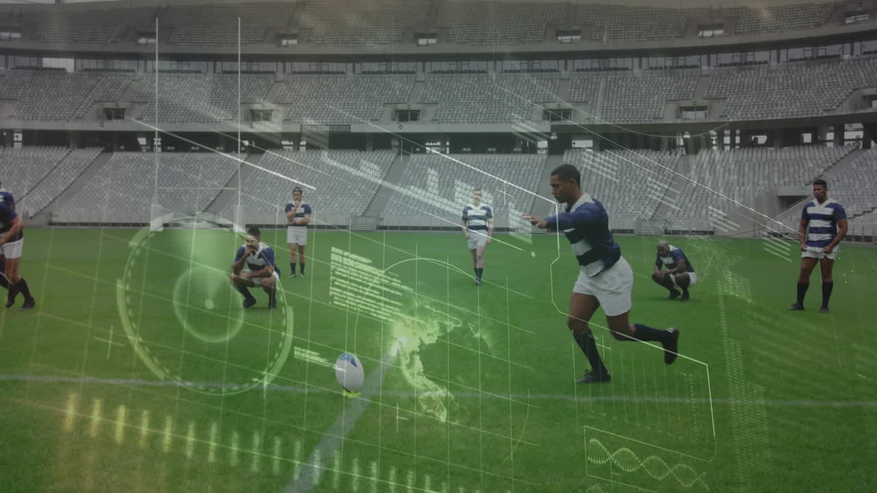 스포츠 경기장에서의 럭비 경기에 대한 데이터 처리 애니메이션
