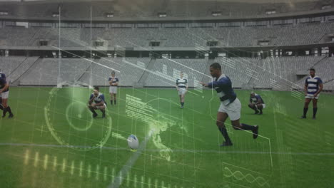animation of data processing over rugby match in sports stadium