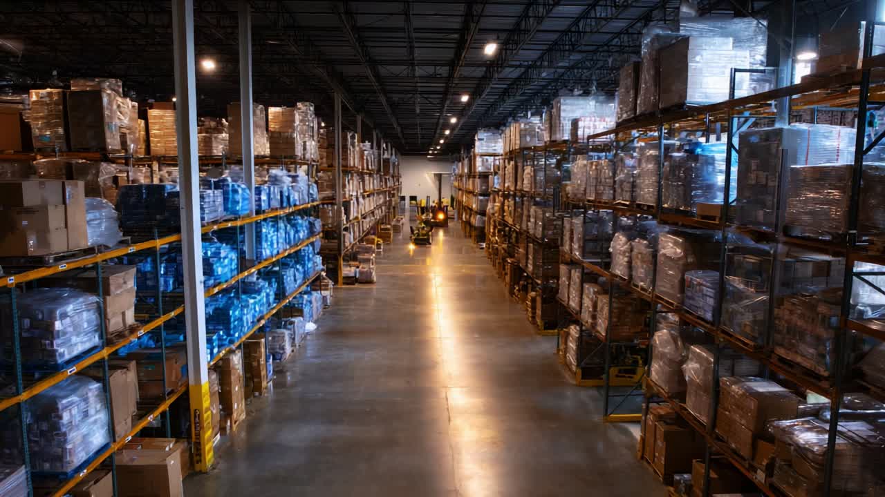A Vast Warehouse Interior Showcasing Organised Rows of Shelves Filled with Goods and Equipment, Highlighting the Importance of Efficient Inventory Management and Storage Solutions for Businesses