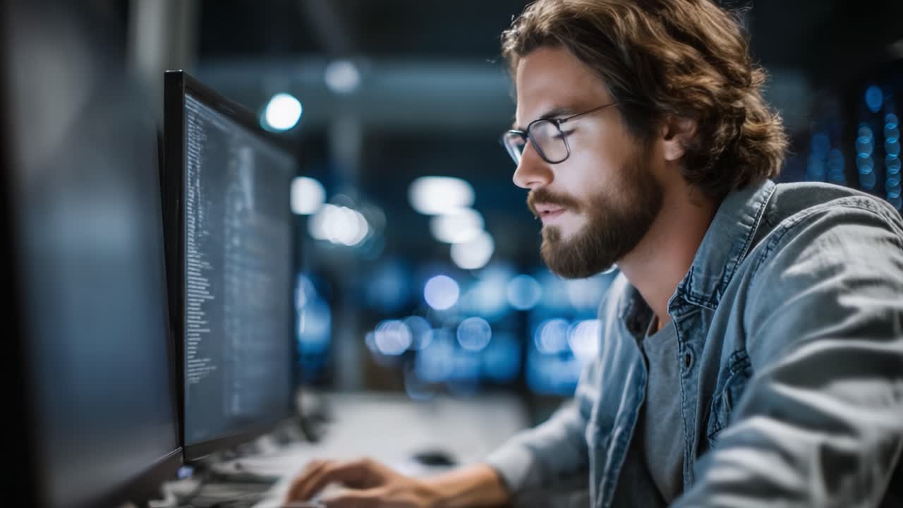 Focused Programmer Debugging Code in a Modern Tech Environment, Showcasing Concentration and Skill in Coding on Dual Monitors