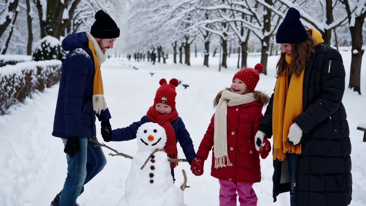 Family Building a Snowman in a Snowy Park