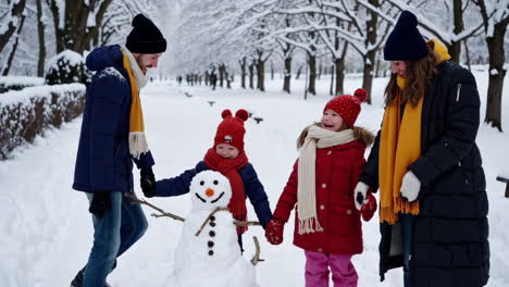 family building a snowman in a snowy park