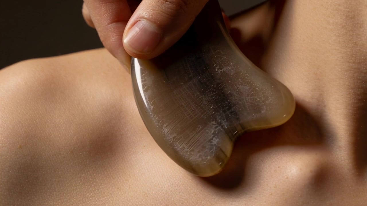 Placerer gua sha nær kraveben, dygtig hånd skraber klientens bryst til massage i studie med olieskær