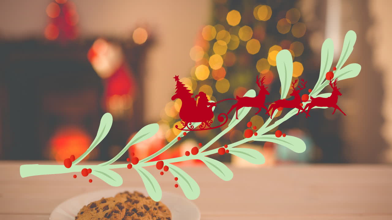 Santa sleigh and reindeer animation over festive holiday background with cookies