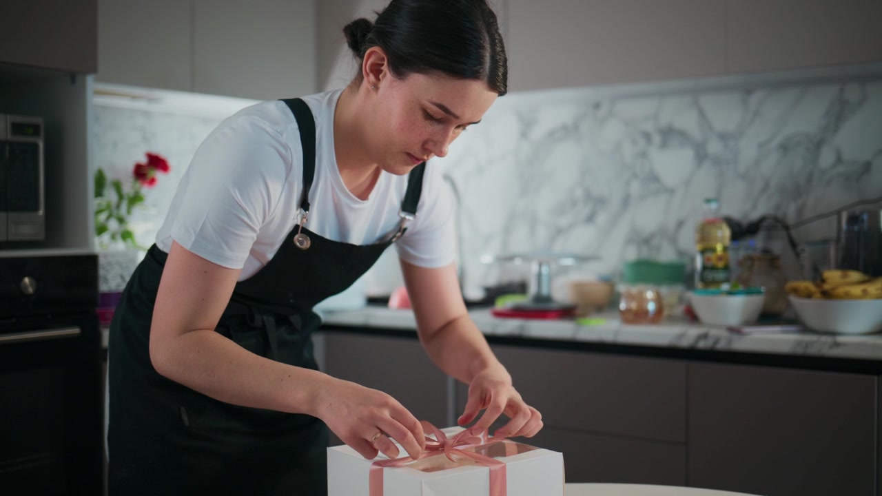 Una giovane donna lega con cura una scatola regalo bianca con un nastro rosa. Indossa un grembiule nero e una camicia bianca. La sua espressione è concentrata, calma e precisa. La cucina ha superfici moderne e pulite.