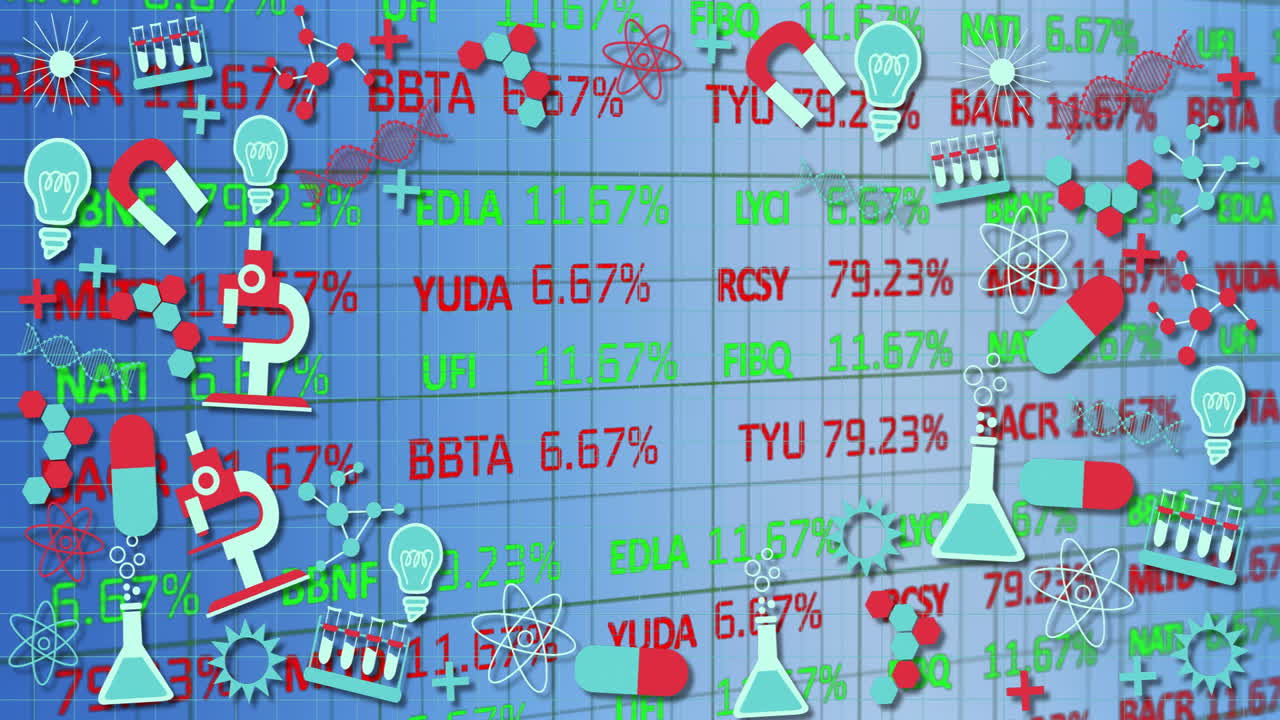 Scientific symbols and lab equipment animation over stock market data display