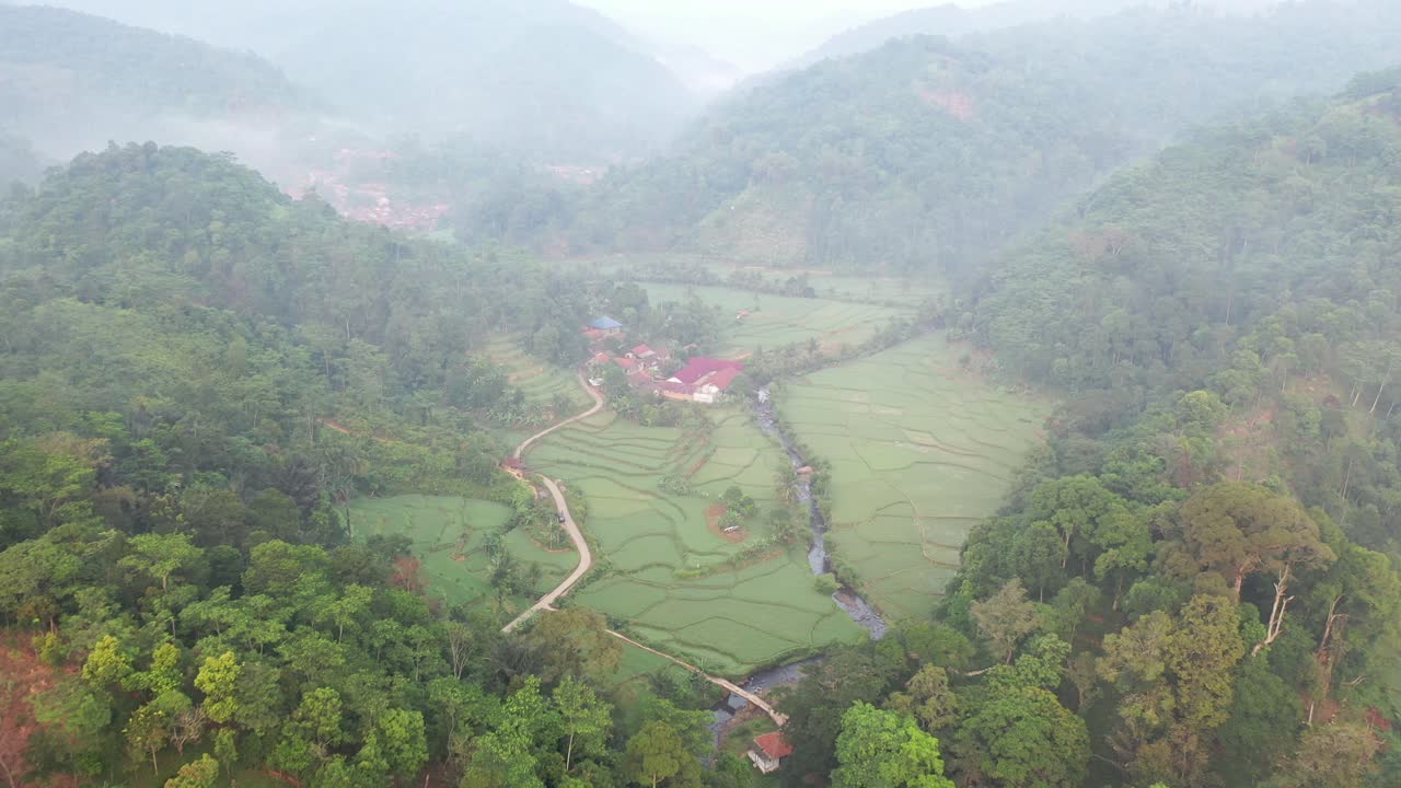 Aerial View of Lush Terraced Rice Paddies and Village