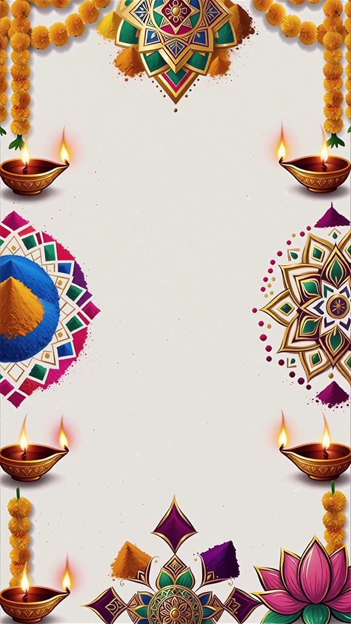 Sfondo Diwali con Diyas luminosi, Rangoli e fiori di loto