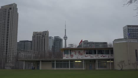 downtown toronto park with sports field, cloudy day