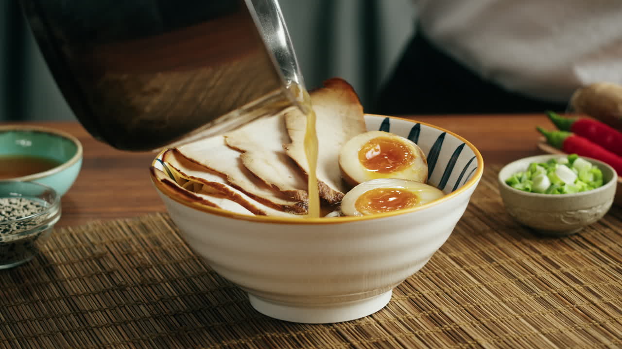 Ramen bowl being filled with broth
