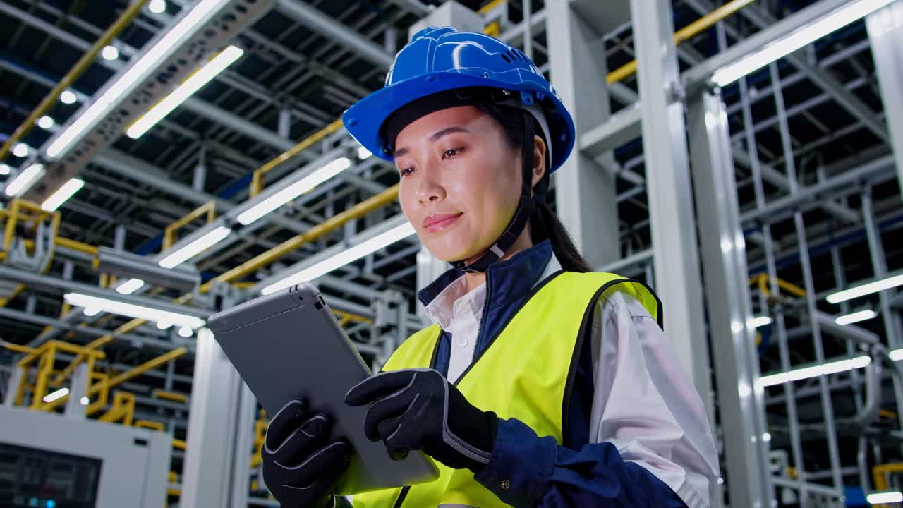 A low-angle video shot of a worker in a hard hat and safety vest using a tablet in a modern factory