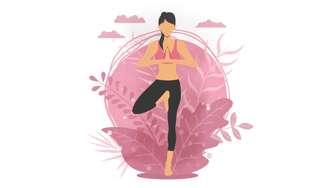 mujer hace ejercicio de yoga en la naturaleza. postura de árbol. personaje de dibujos animados femenino demostrando postura de yoga. estilo de vida saludable. animación de bucle.
