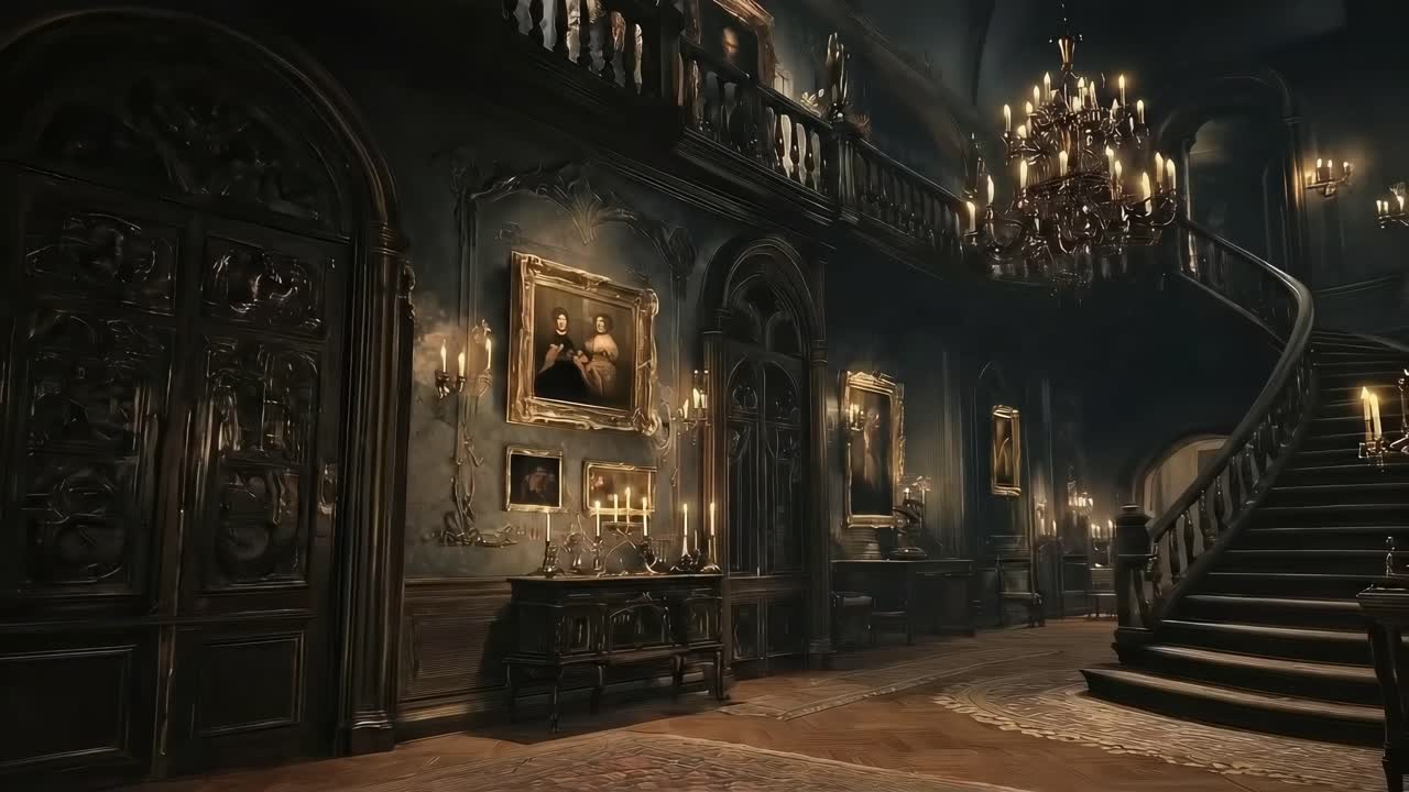 Gotyckie wnętrze rezydencji z żyrandolami, ujęcie szerokokątne, idealne do nastrojowego wideo.