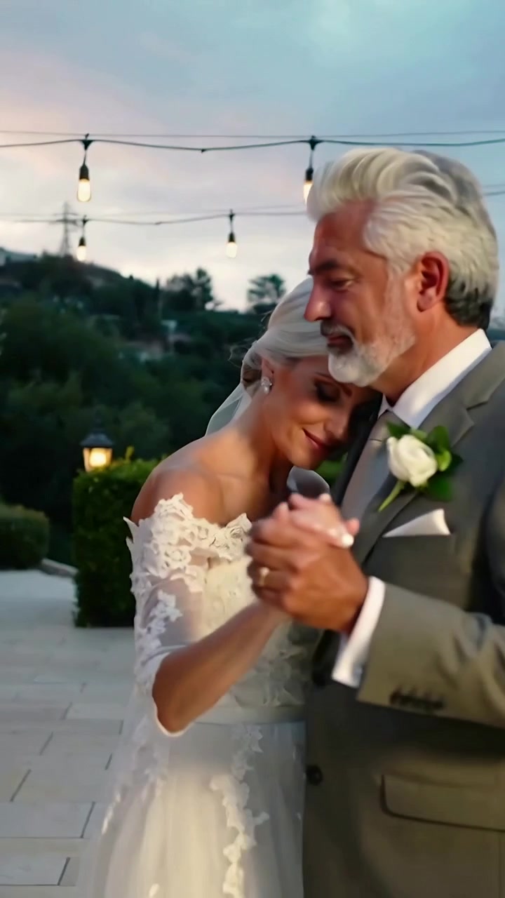 Video verticale: Sposa che balla tenendo la mano del padre su un patio piastrellato, mostrando abito in pizzo e boutonnière