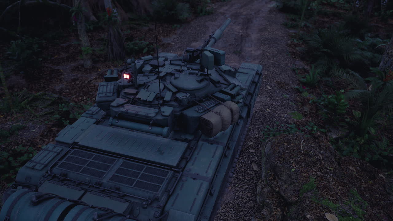 Tank placeret på en junglesti omgivet af tæt løv i et fjerntliggende område