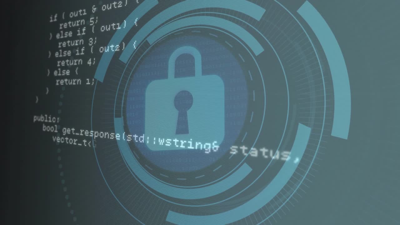Opening UI showing scrolling C++ HTTP code fading circle behind rotating padlock securing data