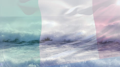 composición digital de ondear la bandera de italia contra las olas en el mar