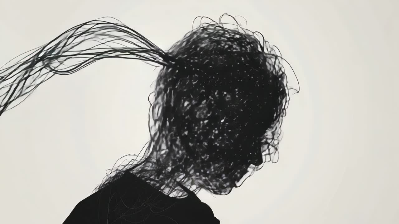 Silhouette of a person with chaotic lines as hair, side profile