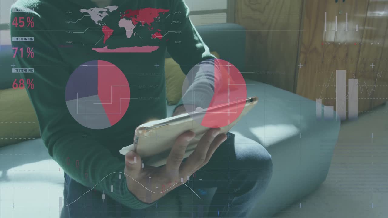 procesamiento de datos estadísticos contra el hombre usando tableta digital en la oficina