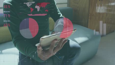 procesamiento de datos estadísticos contra el hombre usando tableta digital en la oficina