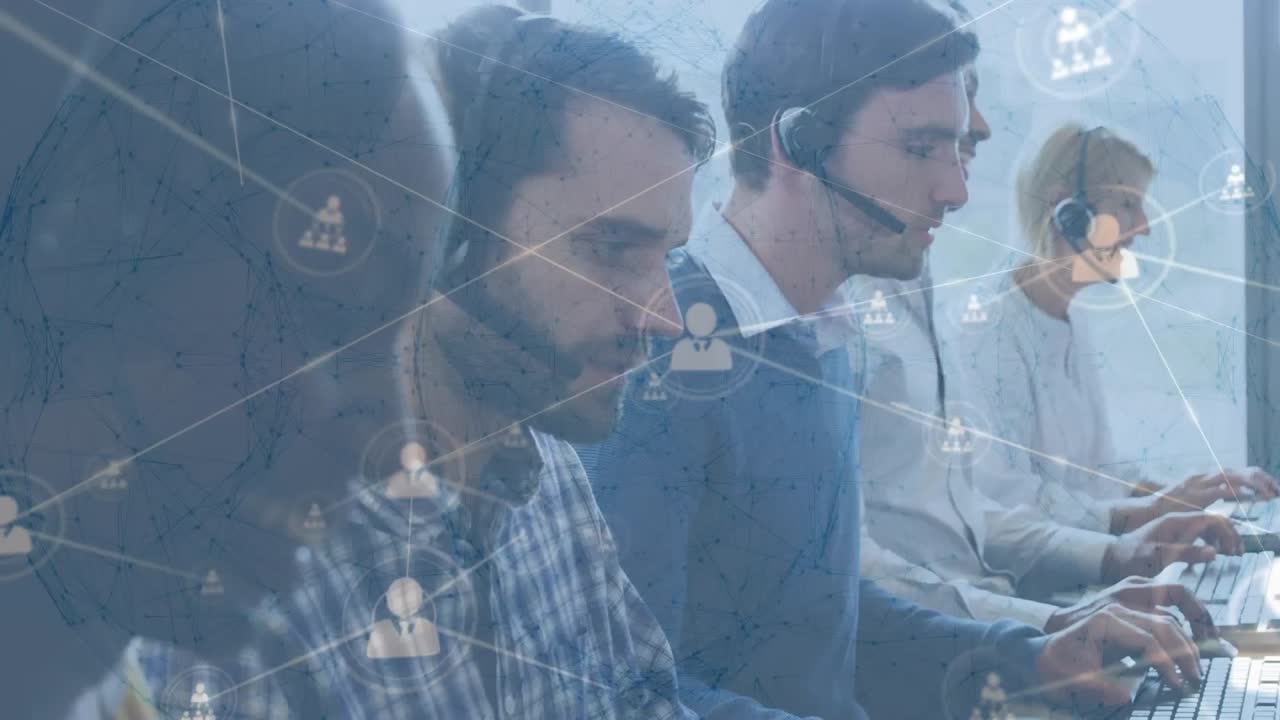 Animation of network of profile icons over diverse colleagues talking on phone headsets at office