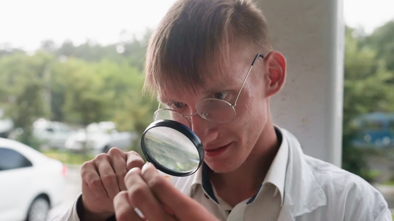 Portrait view of human in white coat carefully examining pastry through magnifying glass during outdoor research, reflecting focus, curiosity, and dedication to detailed scientific observation