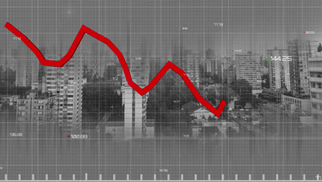 animation of statistical data processing over grid network against aerial view of cityscape