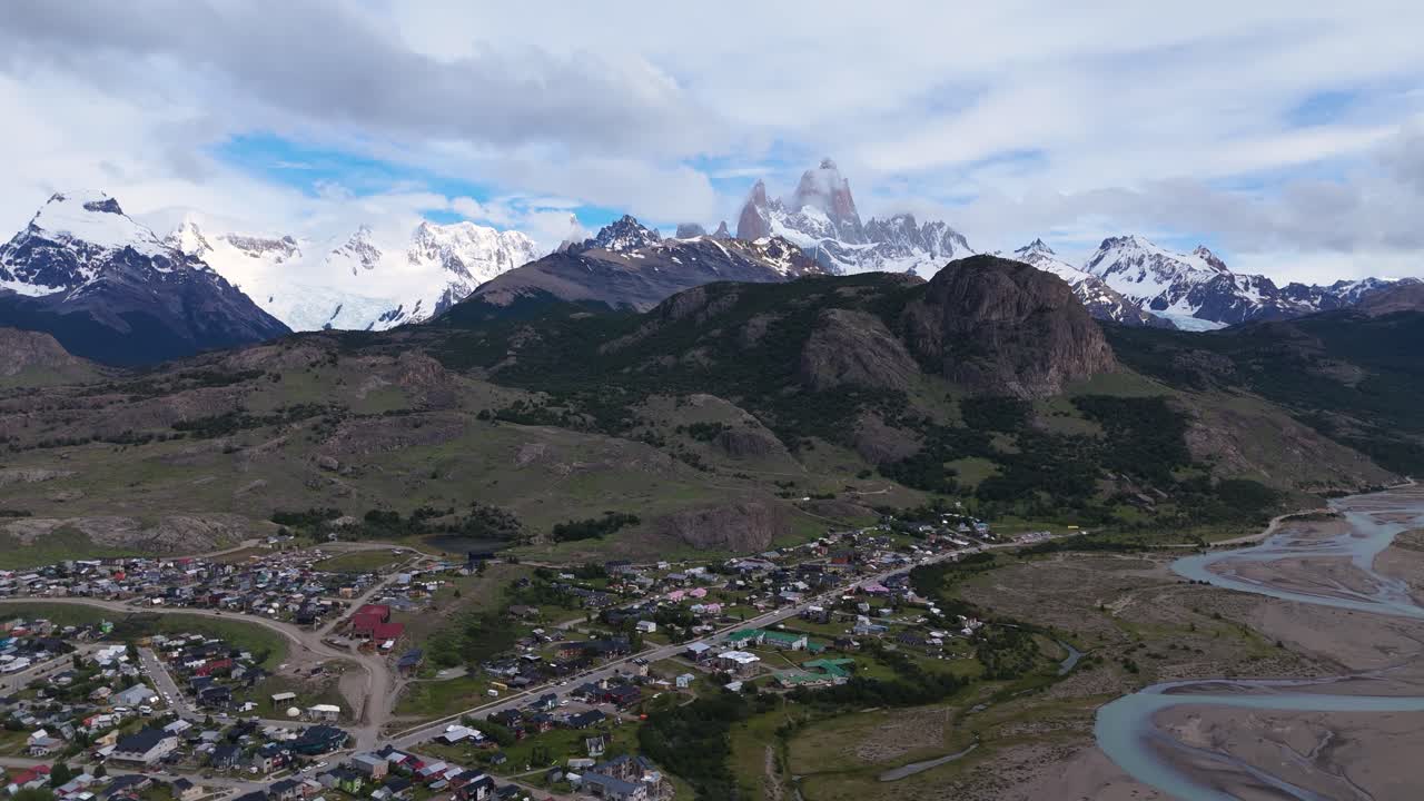 An aerial view of both El Chaltén and Fitz Roy Mountain in Patagonia.