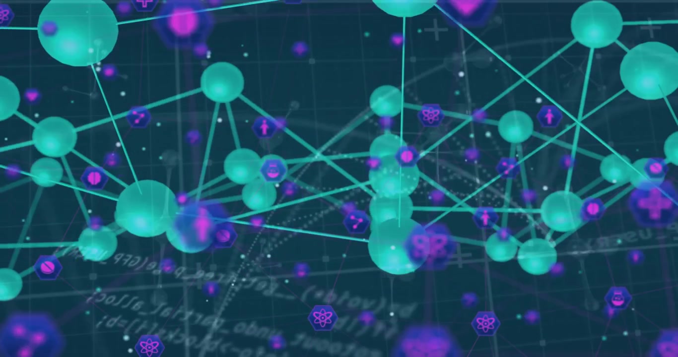 Cyan sphere cluster appearing linking and attaching purple icons rotating and showing health data