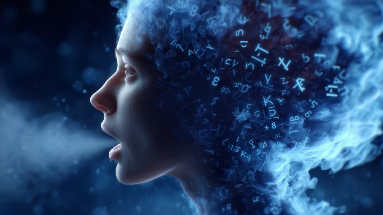 A Thoughtful Woman Exhaling Words and Symbols, Representing the Interplay of Speech and Imagination, Captured in a Mystical Blue Atmosphere with Ethereal Elements