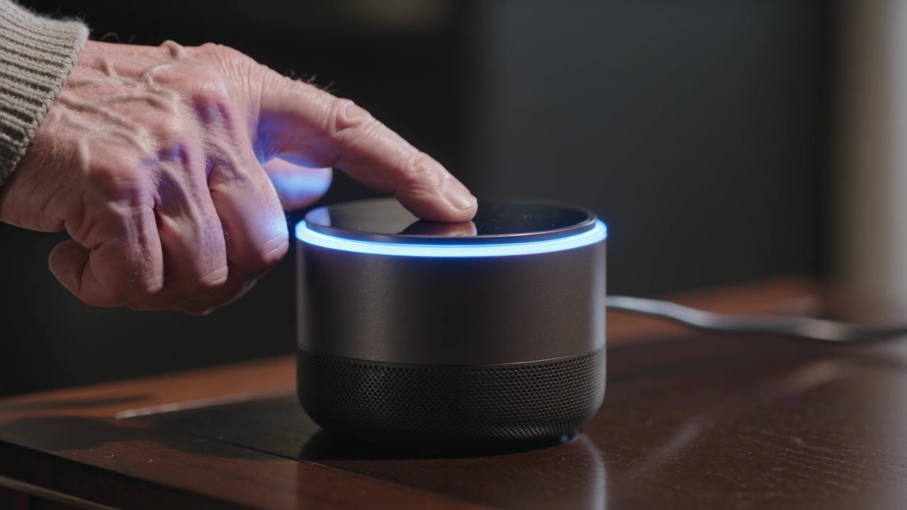 Mano di anziano che entra e tocca la parte superiore di un altoparlante sul tavolo di casa, con manica visibile, attivando un anello LED blu.