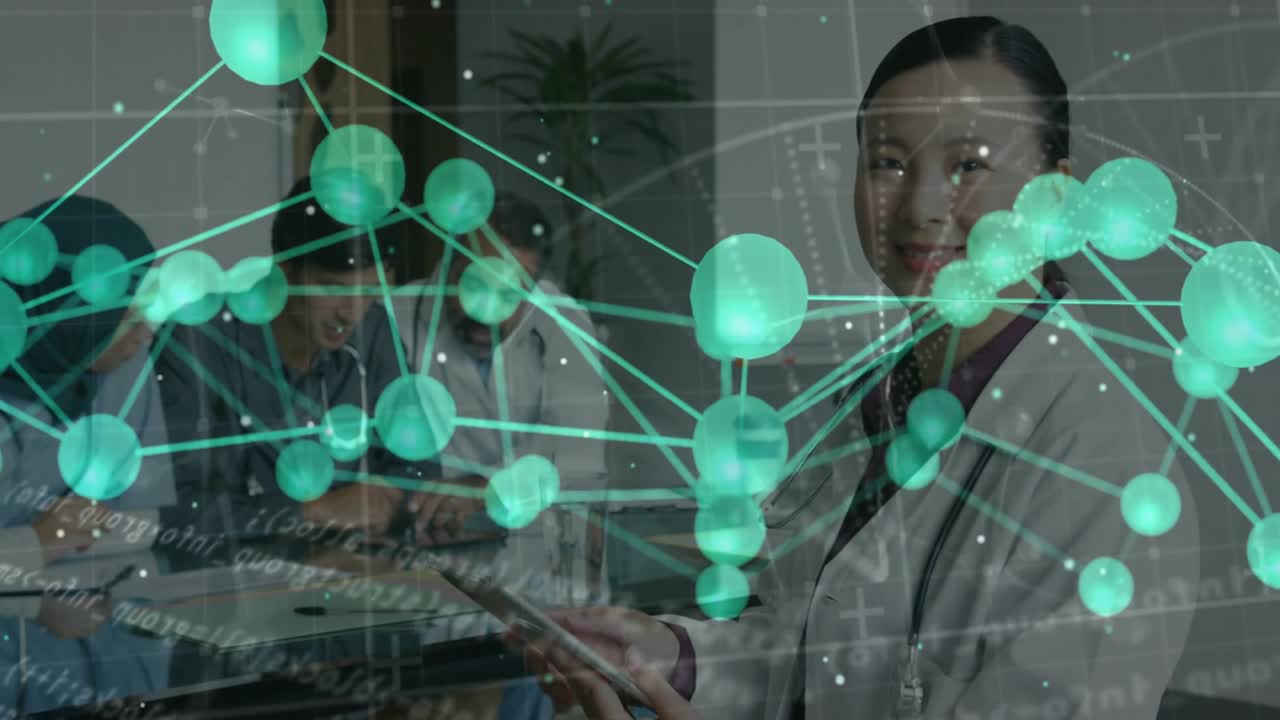 Female researcher tapping tablet and rotating holographic network for team data analysis in lab