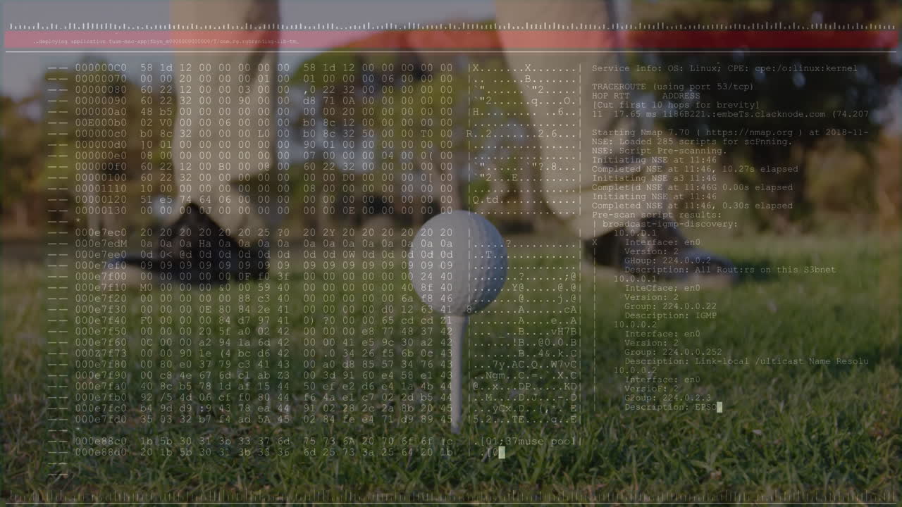 Golf ball on tee with computer code overlaying grassy field in animation