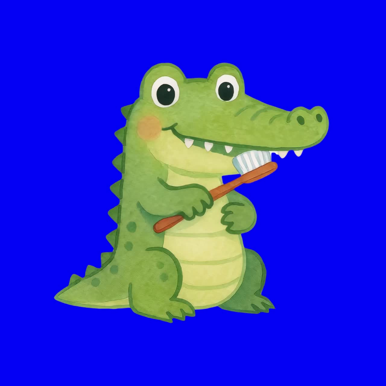Cute crocodile brushing teeth illustration animation, transparent 4K video, green screen