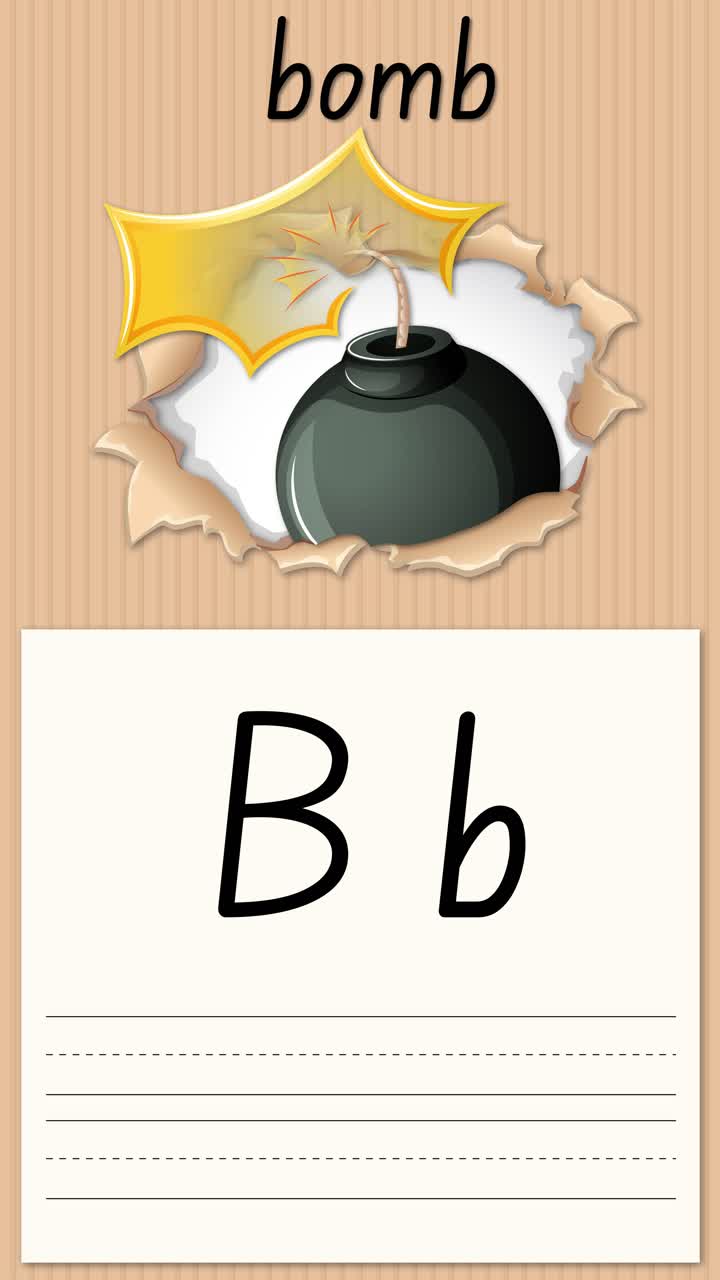 Video educativo animato che insegna la scrittura della lettera B usando un'illustrazione di una bomba su uno sfondo di carta verticale.