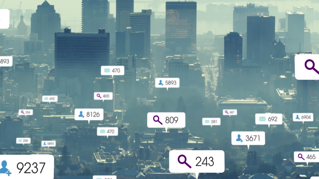 Animation of multiple social media icons floating against aerial view of cityscape