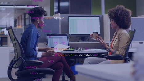Animation of digital data processing over diverse business people in office