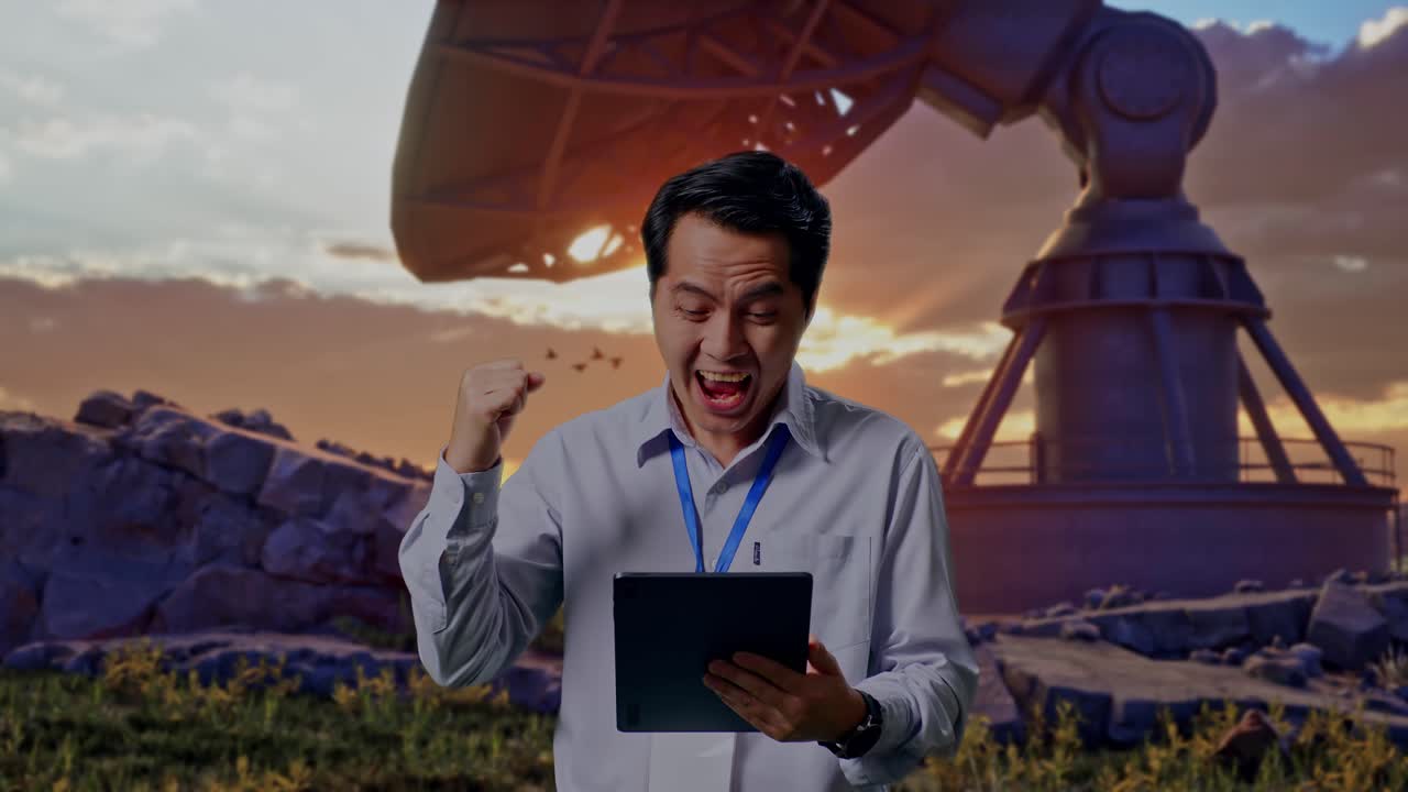 Asian Male Professional Worker Standing With His Tablet With Large Satellite Dish, He Raises His Fist Up With Screaming Goal