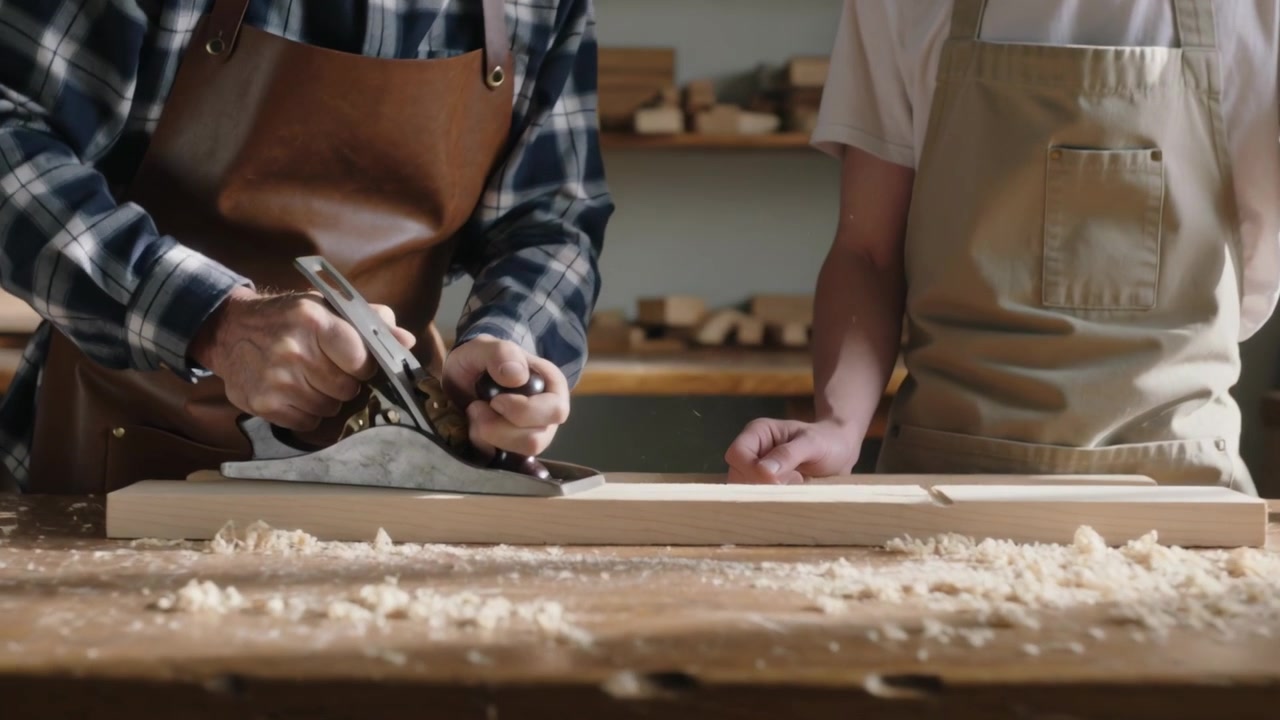 Starting lesson, senior carpenter in apron planing plank at shop using metal plane, teaching teen